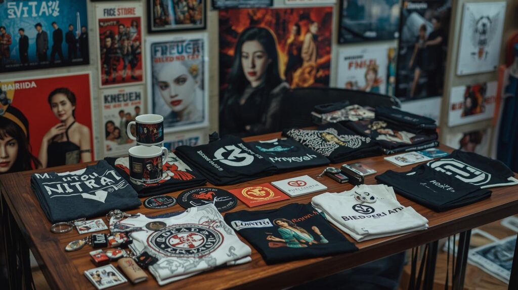 映画のポスターやドラマのロゴが入ったマグカップ、キーホルダー、Tシャツなどが並べられたおしゃれな部屋のデスク